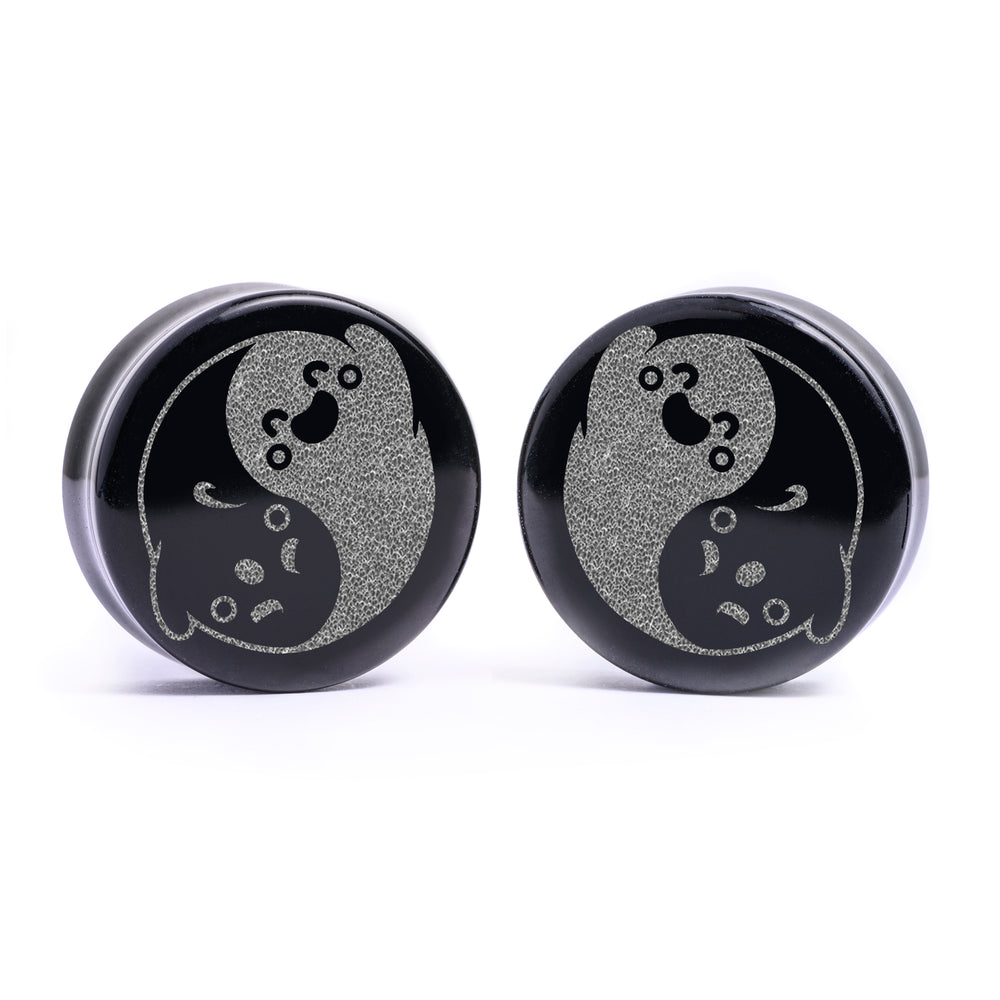 Yin-Yang Ghosts Plug / Gauge - Black Glass | Flat Faced Double Flare - Lasered To Order In House At Custom Plugs HQ