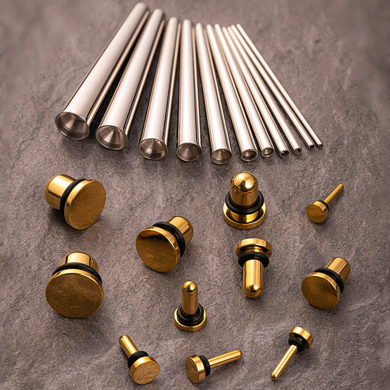 Anfänger-Ohr Stretching-Kit, Taper aus chirurgischem Stahl & Gold-Stahl Plug / Gauge – 22-teilig