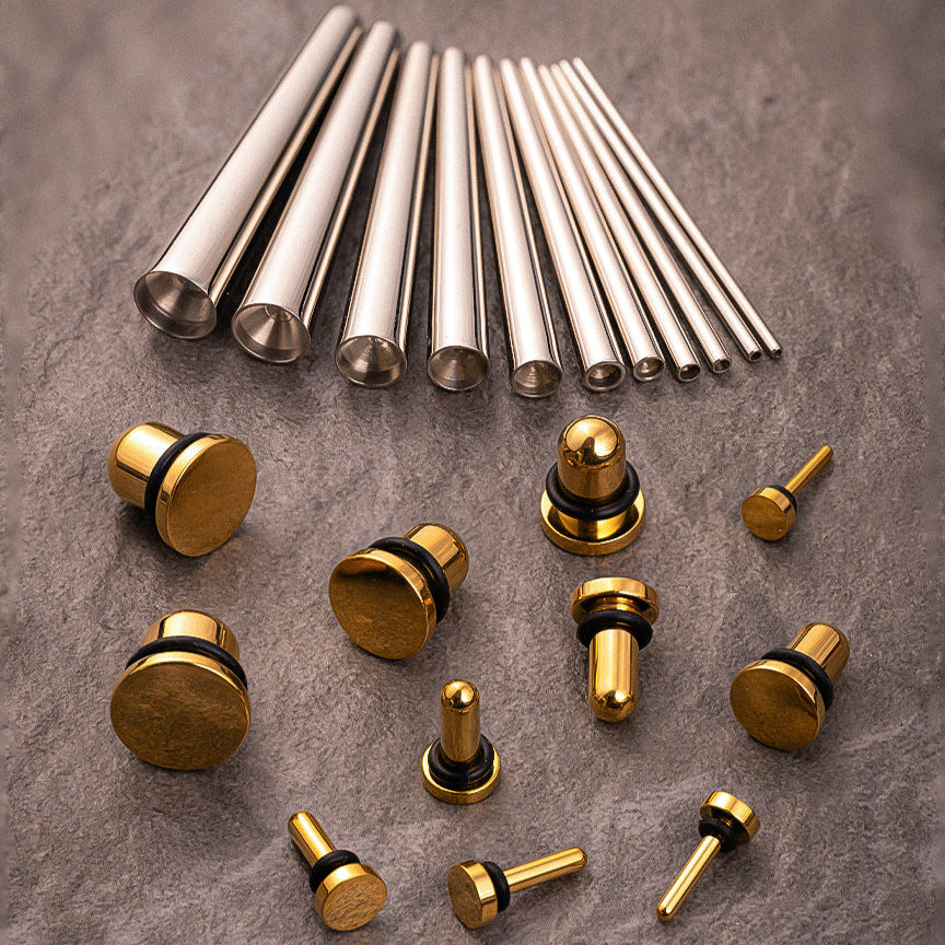 Beginners Ear Stretching Kit for Ears - 22 Piece Pack - Includes Surgical Steel Tapers & Gold Steel Plug / Gauge - Starter Pack of Metal Ear Stretchers from 14g to 00g