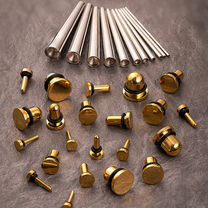 Kit d'étirement d'oreille débutant, Taper en acier chirurgical & Plug / Gauge en acier doré - 33 pièces