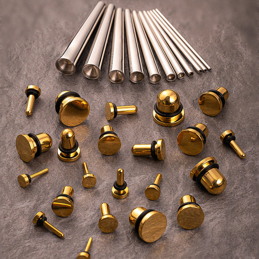 Anfänger-Ohrdehnungsset für Ohren – 33-teilige Packung – inklusive chirurgischem Stahlkegel und goldenem Plug/Messgerät