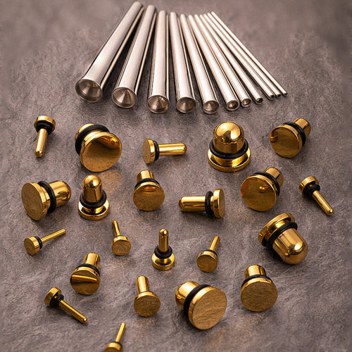 Beginners Ear Stretching Kit for Ears - 33 Piece Pack - Includes Surgical Steel Tapers & Gold Steel Plug / Gauge