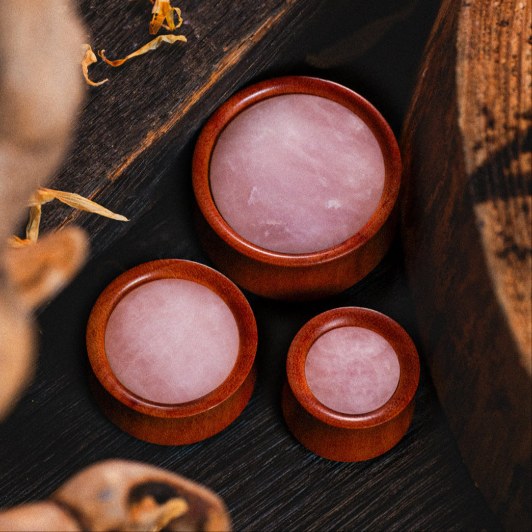 Rose Quartz Stone Inlay Saba Wood Ear Plug / Gauge