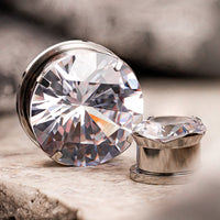 Silver Clear Diamond Screwback Steel Ear Stretching Plug / Gauge