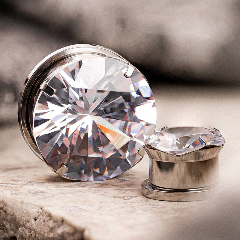 Silver Clear Diamond Screwback Steel Ear Stretching Plug / Gauge