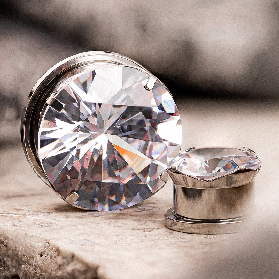 Silver Clear Diamond Steel Screwback Metal Ear Gauge Plug