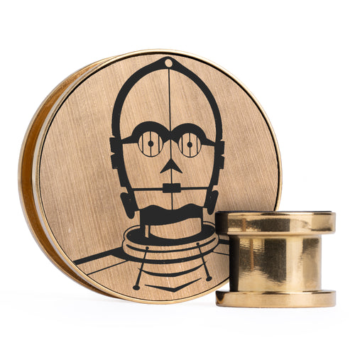 C3PO, Brushed Gold & Black Inlay Screwback Gold Steel Ear Stretching Plug