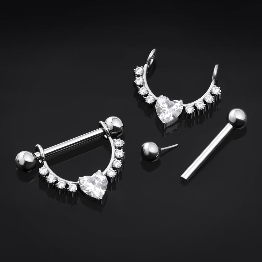 Titanium Threadless Rhinestone Heart Shield Nipple Bar 1.6mm - Titanium Threadless Rhinestone Sparkle Heart Nipple Bar 1.6mm / Alternative Jewellery / Threadless Piercings