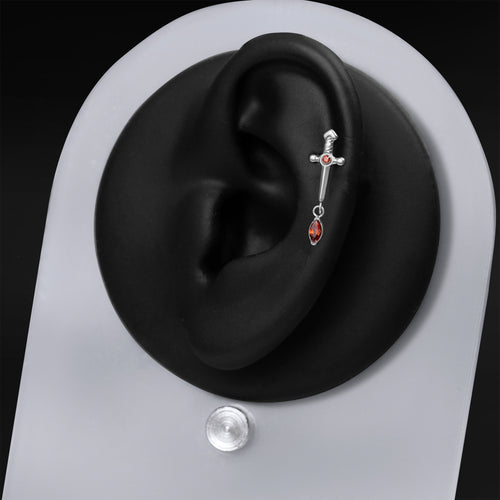 Helix Stud, Silver, Sword Dangle with Red Jewel, Internally Threaded, Titanium
