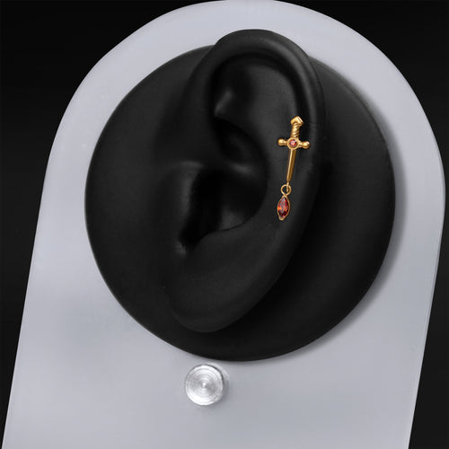 Helix Stud, Gold, Sword Dangle with Red Jewel, Internally Threaded, Titanium
