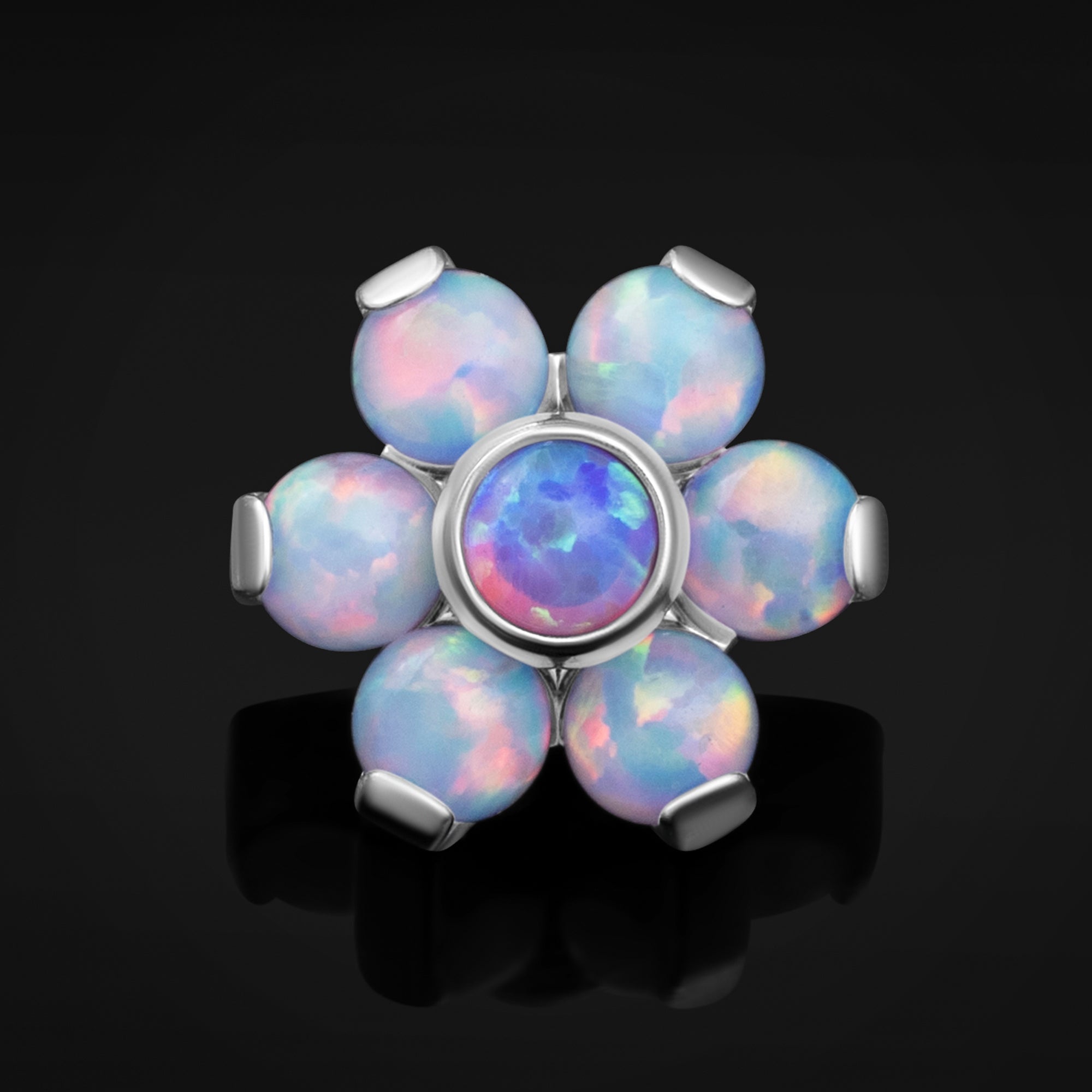 Top dermal fleur, opale violette et blanche, titane
