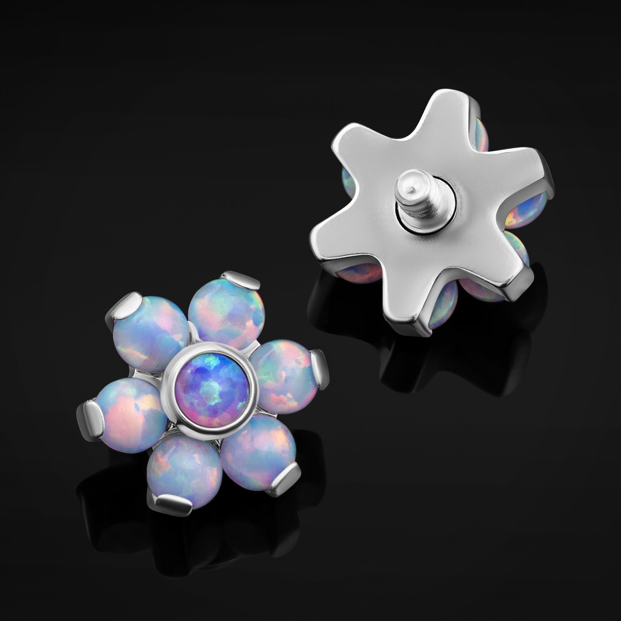 Top dermal fleur, opale violette et blanche, titane