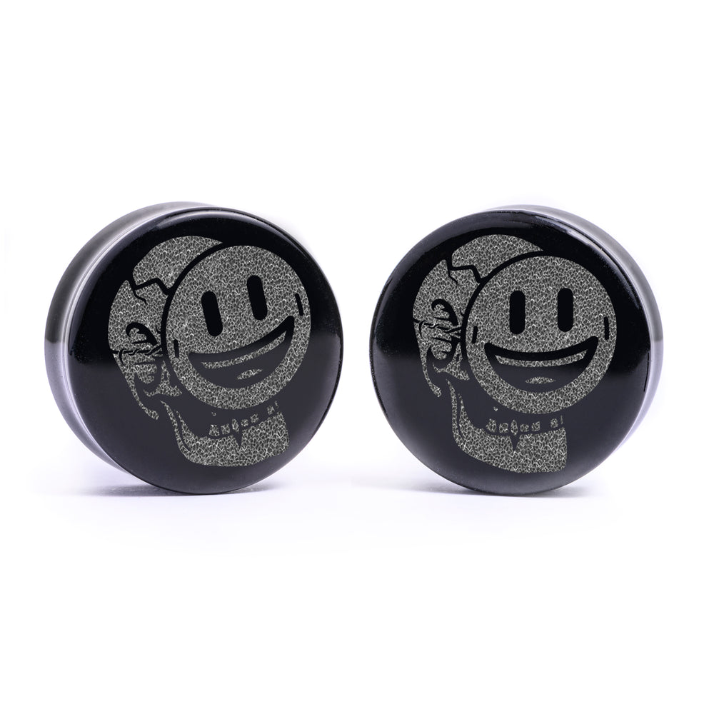 Fassade - Lächelndes Skelett Plug / Gauge - Schwarzes Glas | Flach Gesichts Doppelflansch