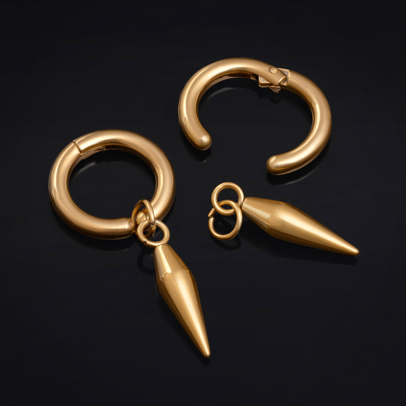 Boucles d’oreilles à clip, dorées, créoles avec pendentif en pointe, acier inoxydable - Paire