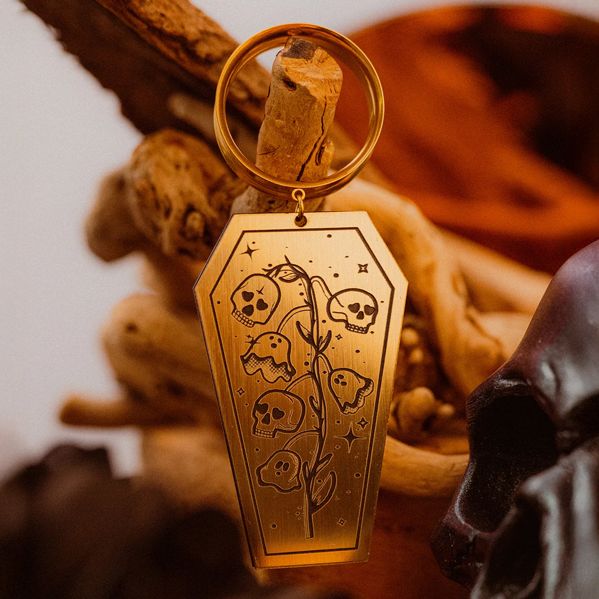 Gold Dead Flowers Coffin Dangle Plug Earrings