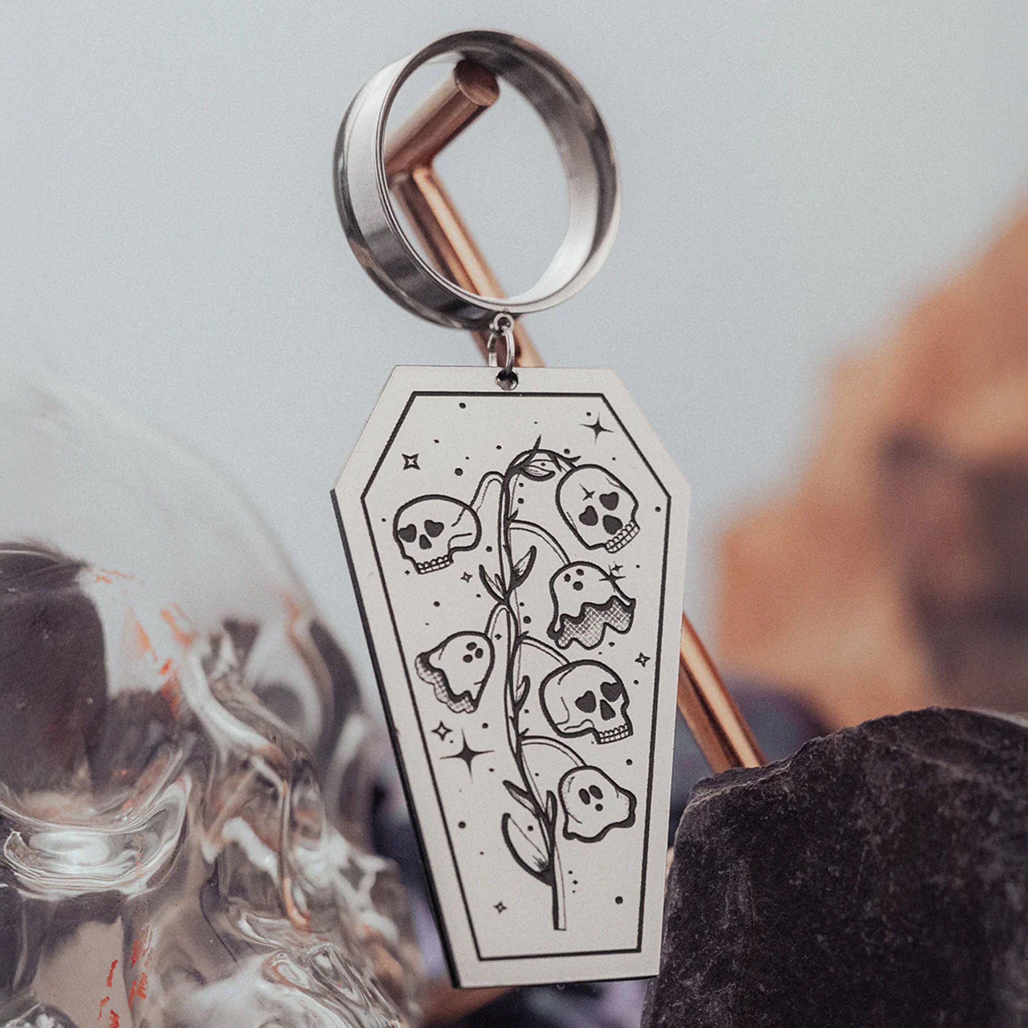 Silver Dead Flowers Coffin Dangle Plug Earrings
