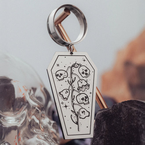 Silver Dead Flowers Coffin Dangle Plug Earrings