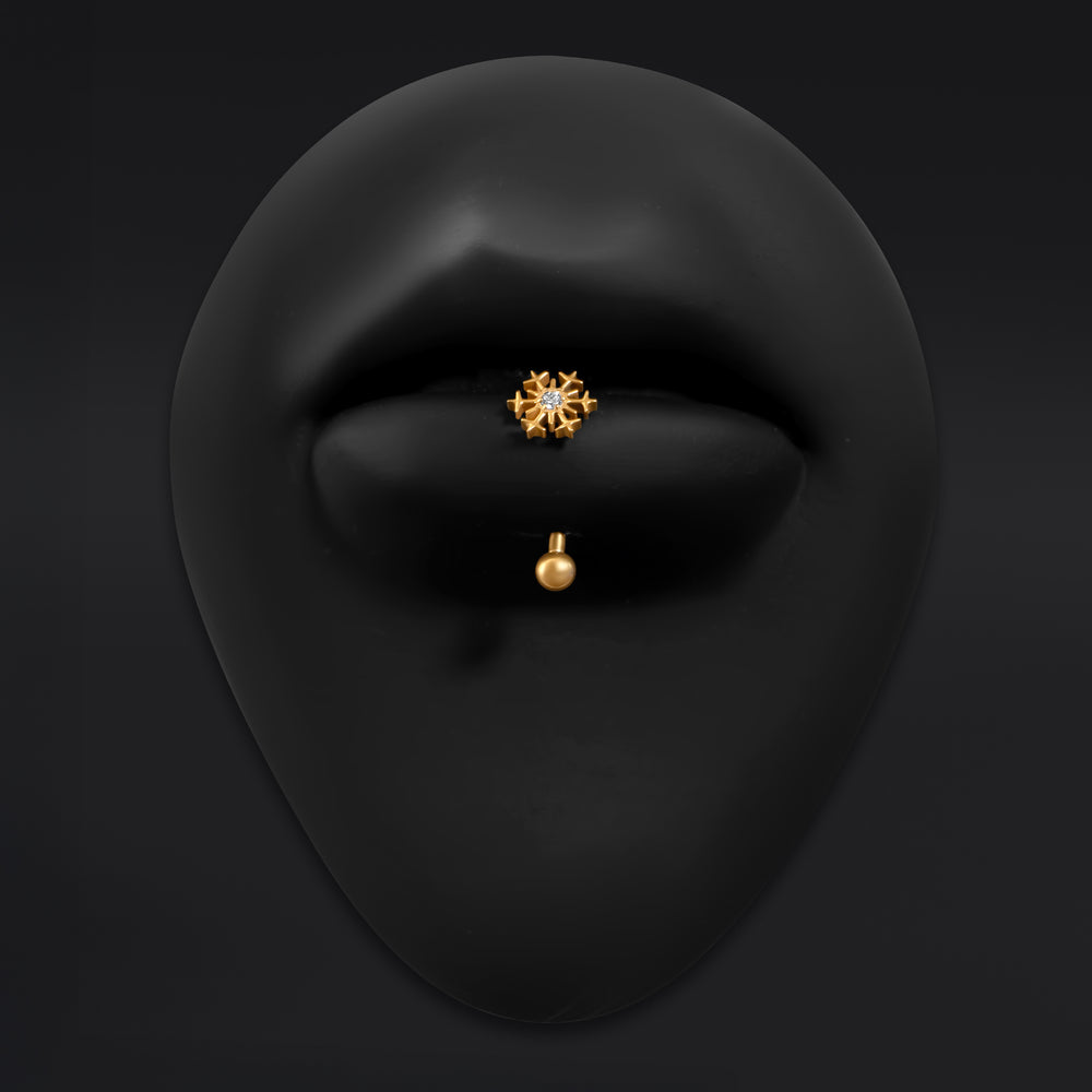 Gold Jewelled Snowflake Vertical Labret Internally Threaded Titanium Curved Barbell 1.2mm Gauge - Gold Jewelled Snowflake Vertical Labret Internally Threaded Titanium Curved Barbell 1.2mm Gauge / Rook / Eyebrow / Tragus Piercing Jewellery