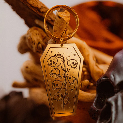 Gold Dead Flowers Coffin Dangle Plug Earrings