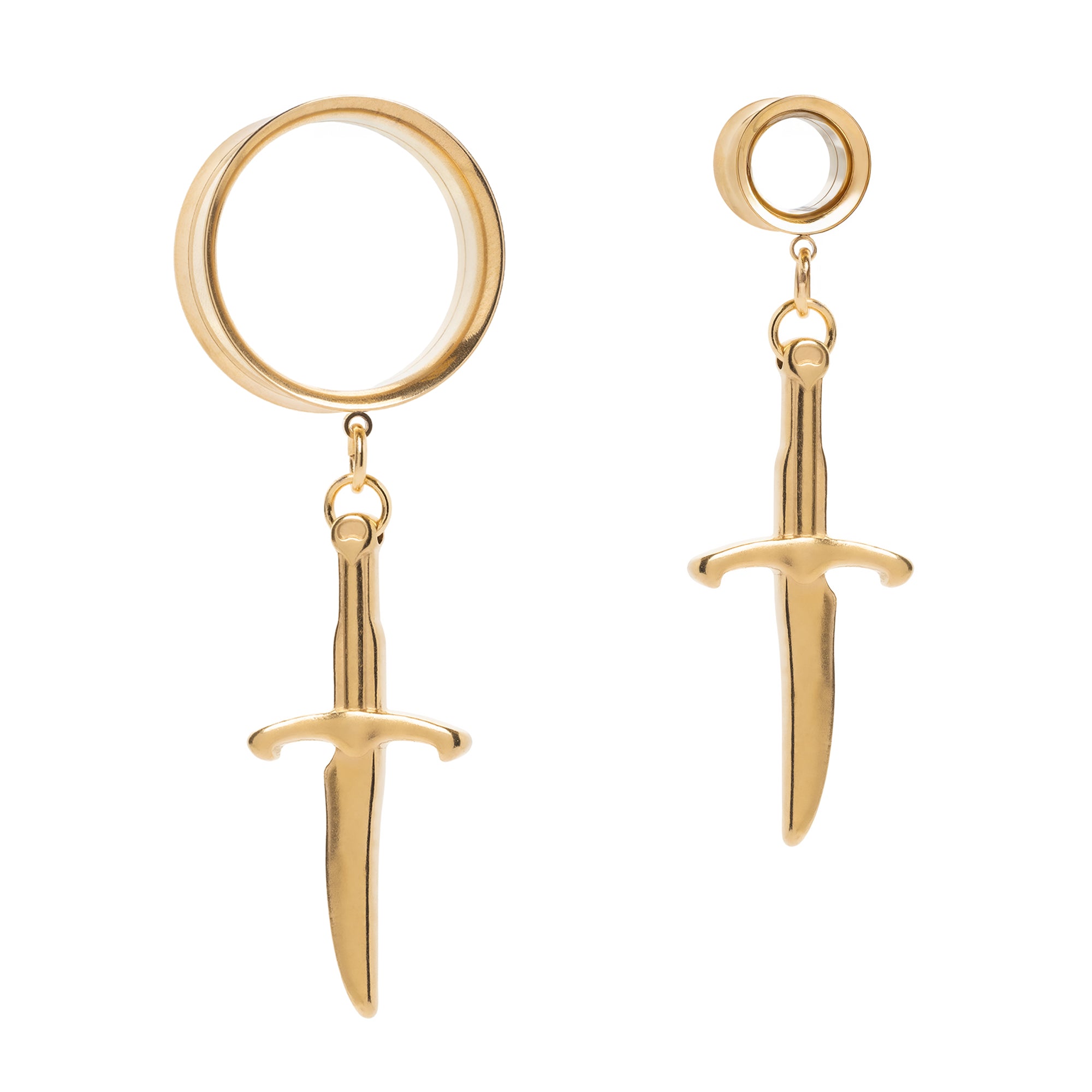 Gold Steel Dagger Charm Double Flare Dangle Ear Tunnel / Plug / Gauge