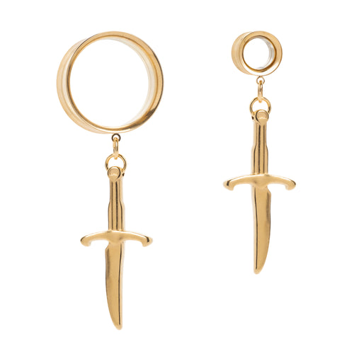 Gold Dagger Charm Gold Steel Double Flared Tunnel Dangle / Plug / Gauge