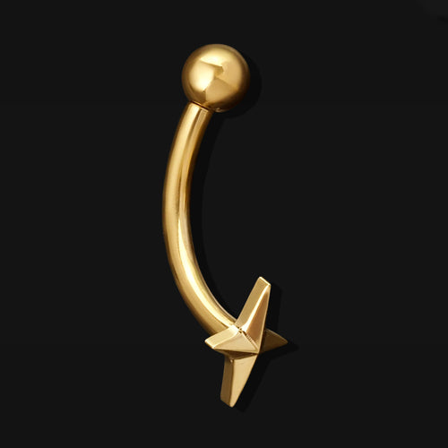 Gold Four Pointed Star Vertical Labret Internally Threaded Titanium Curved Barbell 1.2mm Gauge