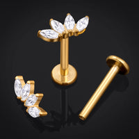 Piercing labret, doré, fleur avec pierre transparente, filetage interne, titane, calibre 1,2 mm