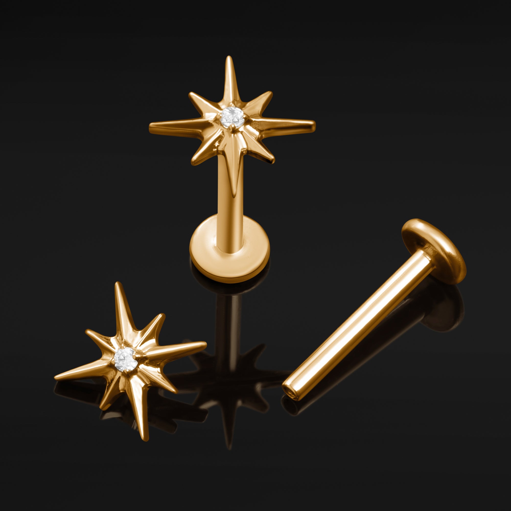 Labret Stud, Gold, Jewelled North Star, Internally Threaded, Titanium, 1.2mm Gauge