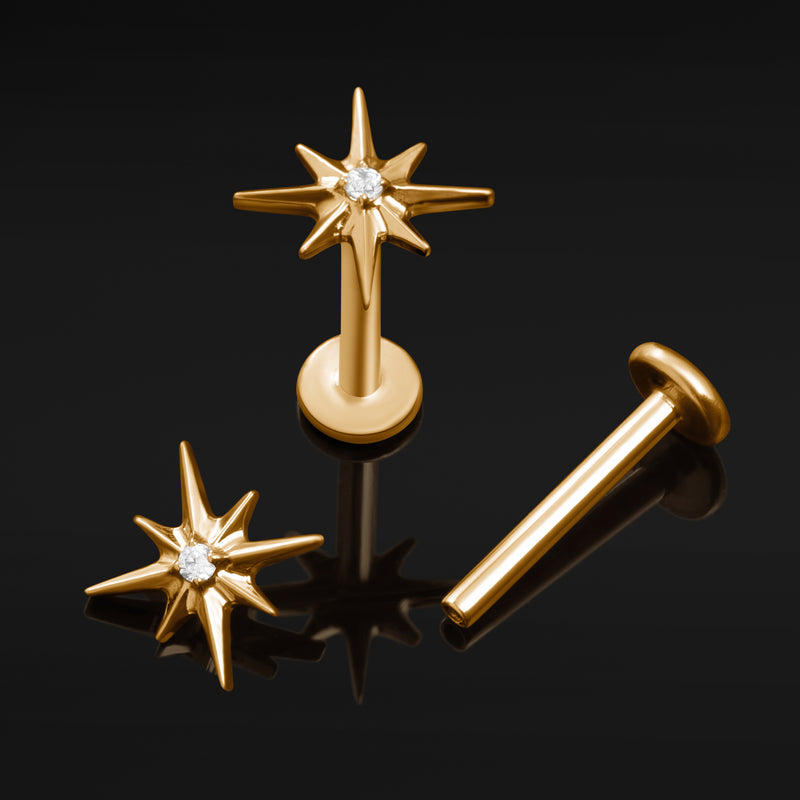 Piercing Labret, Doré, Étoile du Nord Sertie de Pierres, Filetage Interne, Titane, 1.2mm Gauge