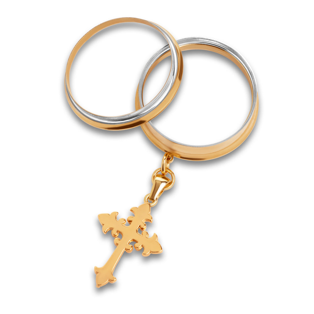 Gold Sanctum Cross Charm Gold Steel Double Flared Tunnel Dangle / Plug / Gauge - Metal Ear Plugs in 6mm (2g) - 30mm (1.18'') Gauge Sizes