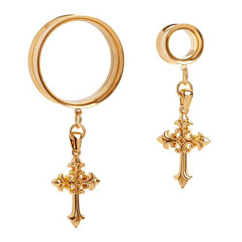 Gold Sanctum Cross Charm Gold Steel Double Flared Tunnel Dangle / Plug / Gauge