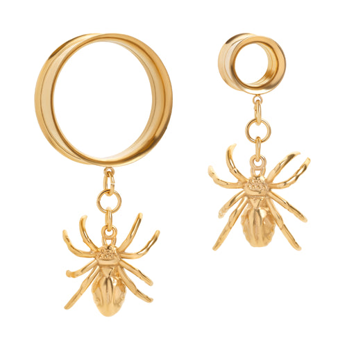 Gold Spider Charm Gold Steel Double Flared Tunnel Dangle / Plug / Gauge