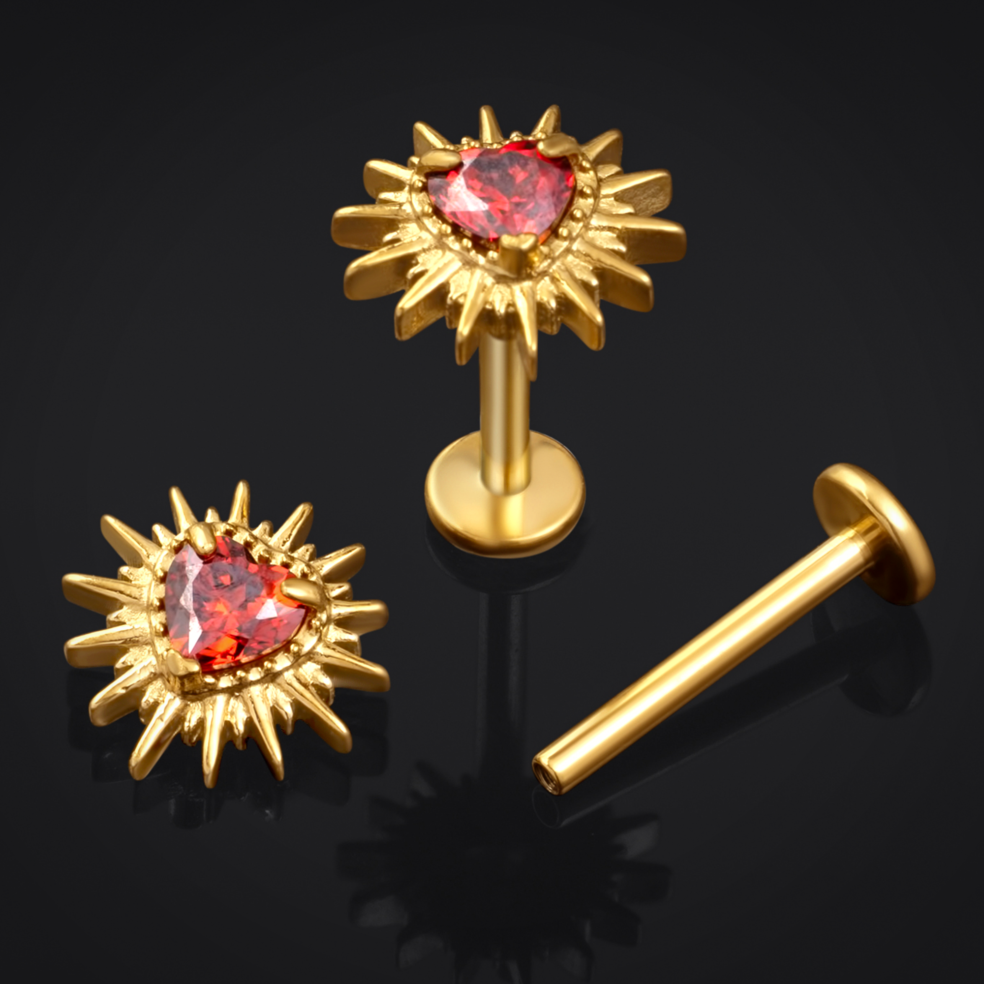 Gold Spiked Heart Red Jewelled Internally Threaded Titanium Labret Stud 1.2mm Gauge
