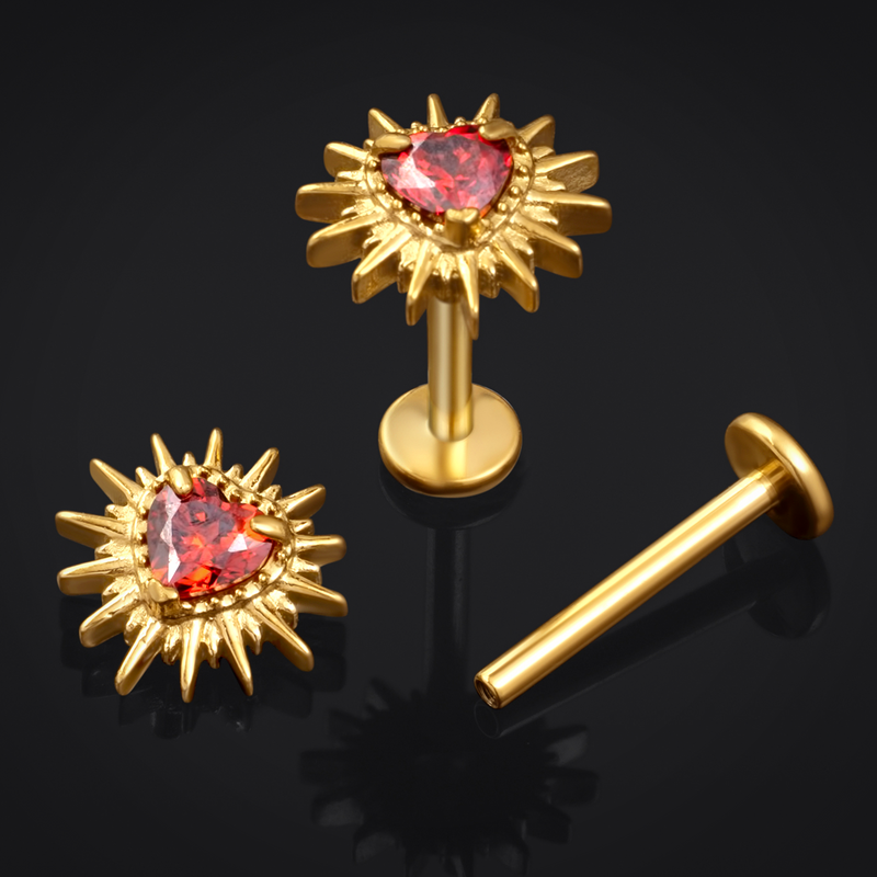 Gold Spiked Heart Red Jewelled Internally Threaded Titanium Labret Stud 1.2mm Gauge