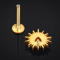 Gold Spiked Heart Red Jewelled Internally Threaded Titanium Labret Stud 1.2mm Gauge