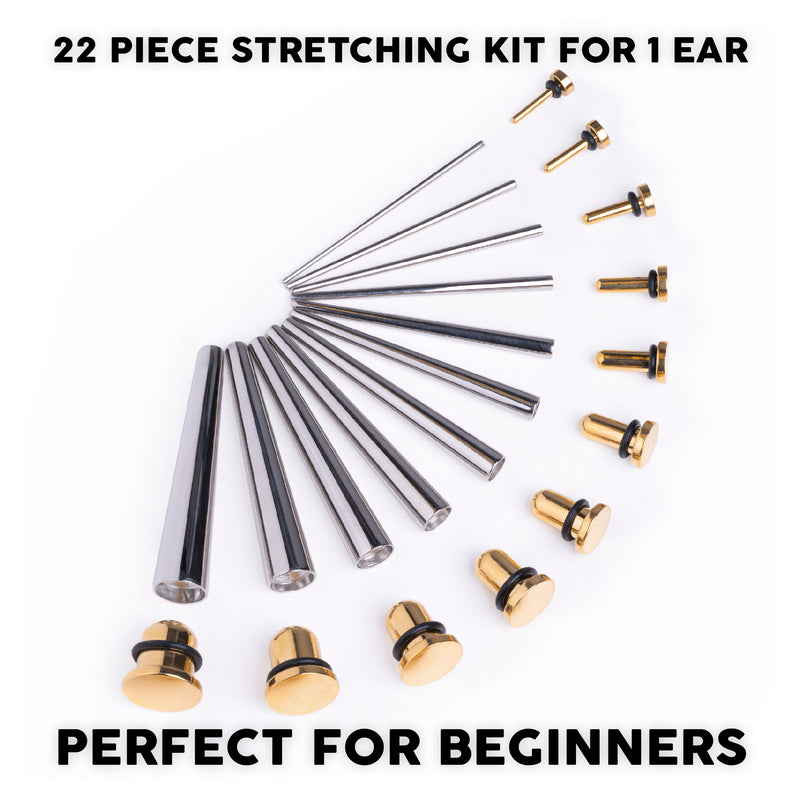 Anfänger-Ohr Stretching-Kit, Taper aus chirurgischem Stahl & Gold-Stahl Plug / Gauge – 22-teilig