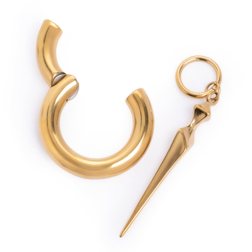 Gold Steel Obelisk Dangle Hoop Earring Hangers (Pair) - Pair of Gold Steel Obelisk Point Dangle Hoop Ear Weights For Stretched Ears