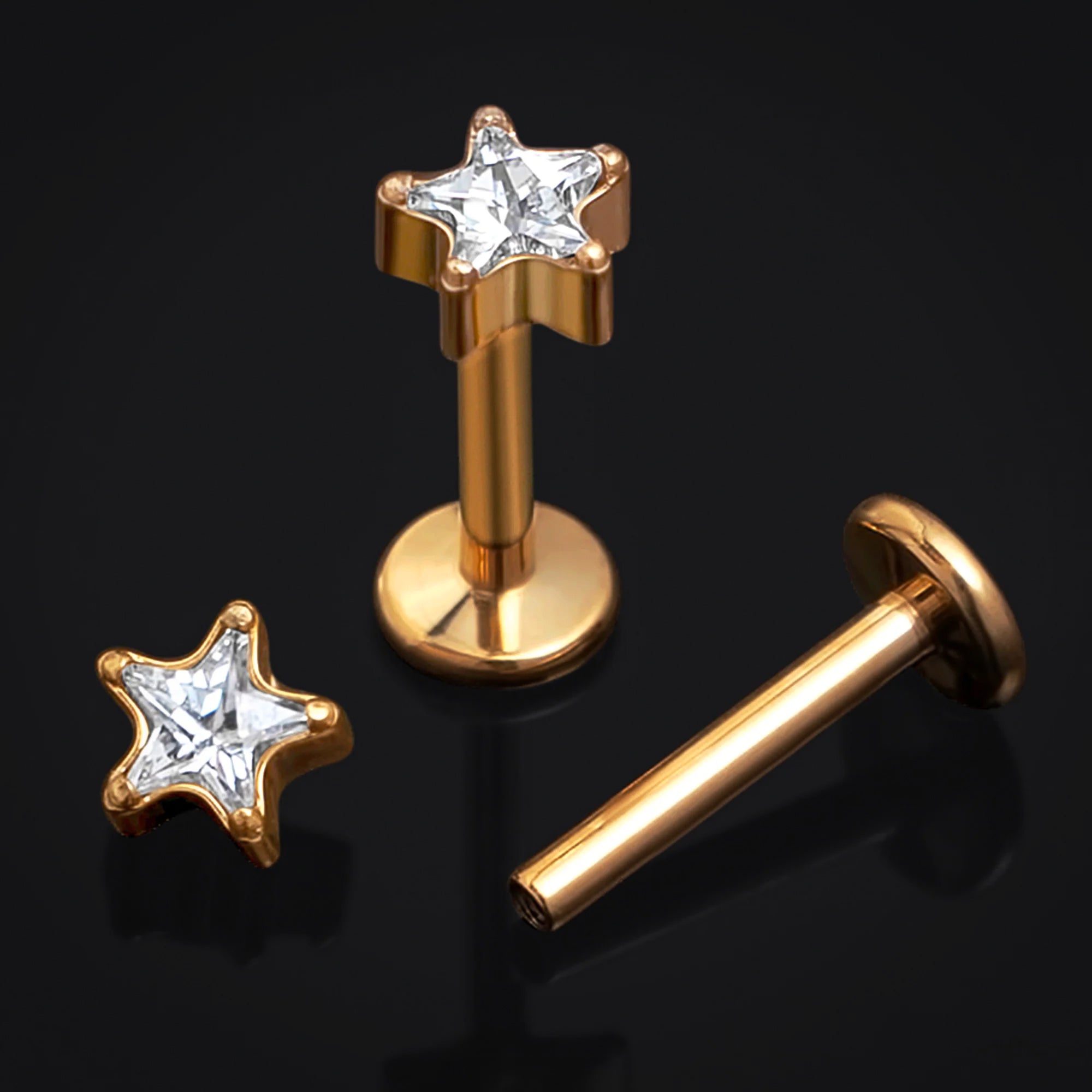 Gold, CZ Stone Star, Internally Threaded, Labret Stud, Titanium