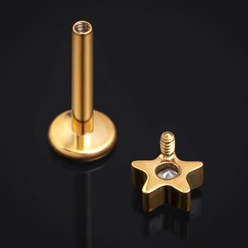 Gold, CZ Stone Star, Internally Threaded, Labret Stud, Titanium