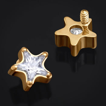 Gold, Clear Star CZ Labret Top, Internally Threaded, Titanium
