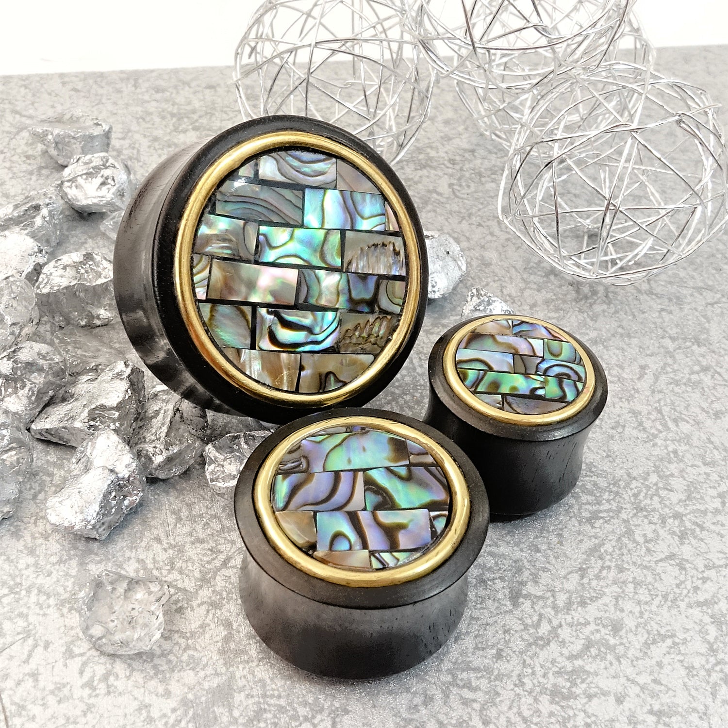 Gold Mosaic Abalone Wood Ear Plug / Gauge