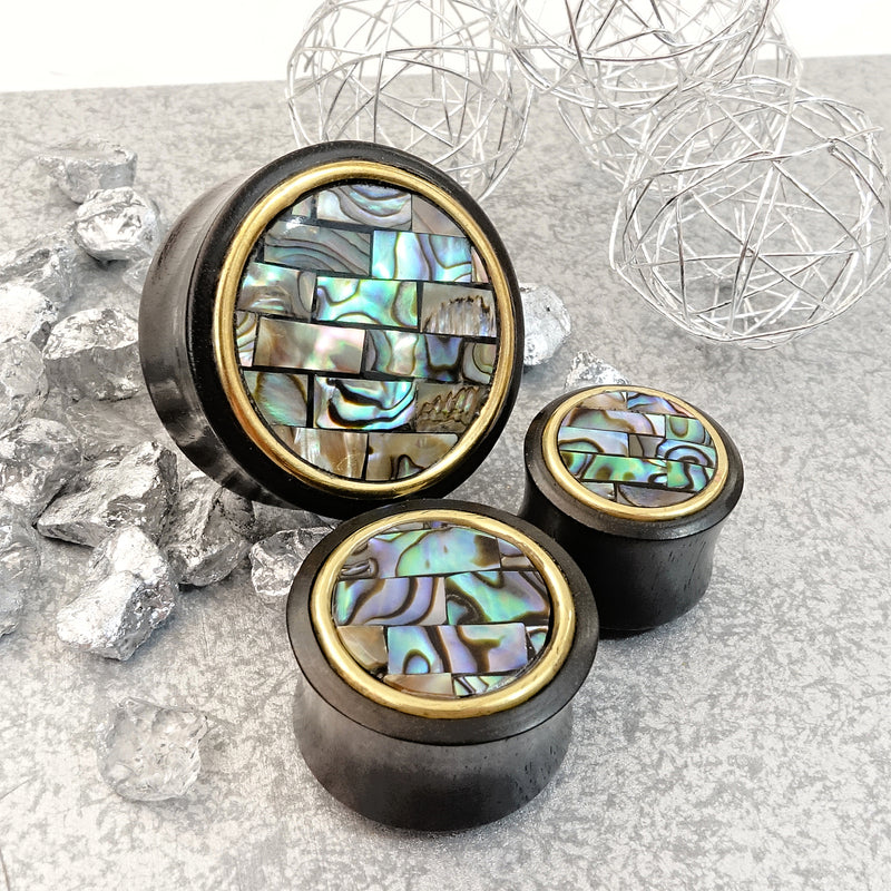 Plug / Gauge en bois mosaïque d’abalone dorée