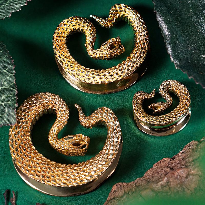 Plug / Gauge d'oreille saddle en laiton serpent doré