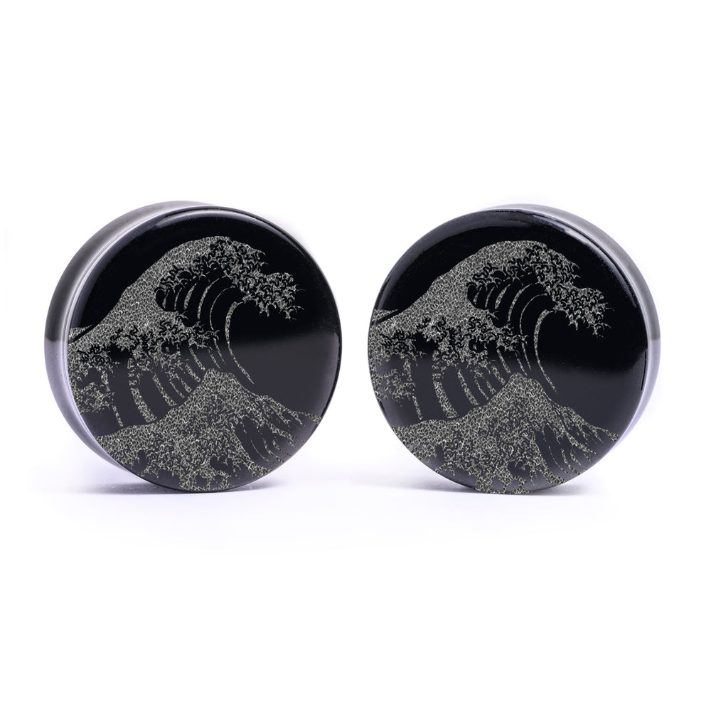 Große Welle Plug / Gauge - Schwarzes Glas | Flach Gesichts Doppelflansch