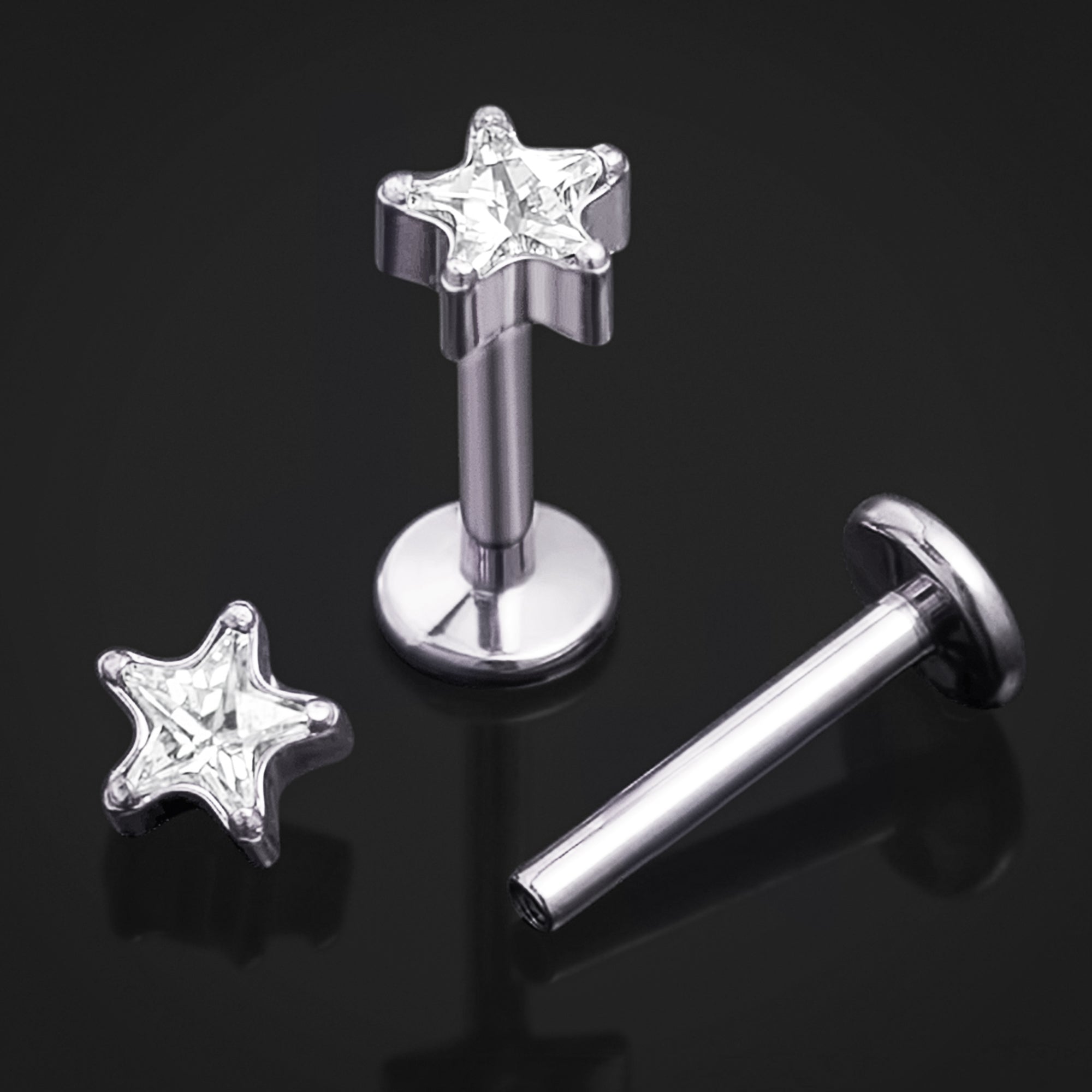 Silver, CZ Stone Star, Internally Threaded, Labret Stud, Titanium