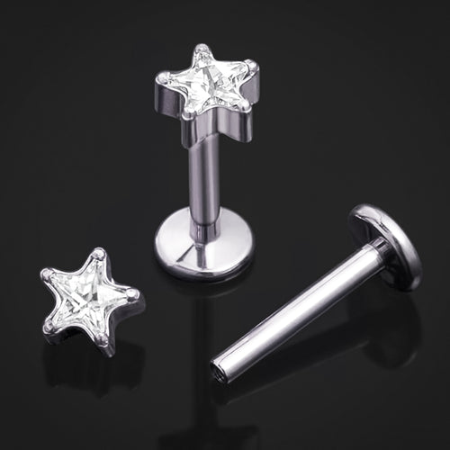 Silver, CZ Stone Star, Internally Threaded, Labret Stud, Titanium