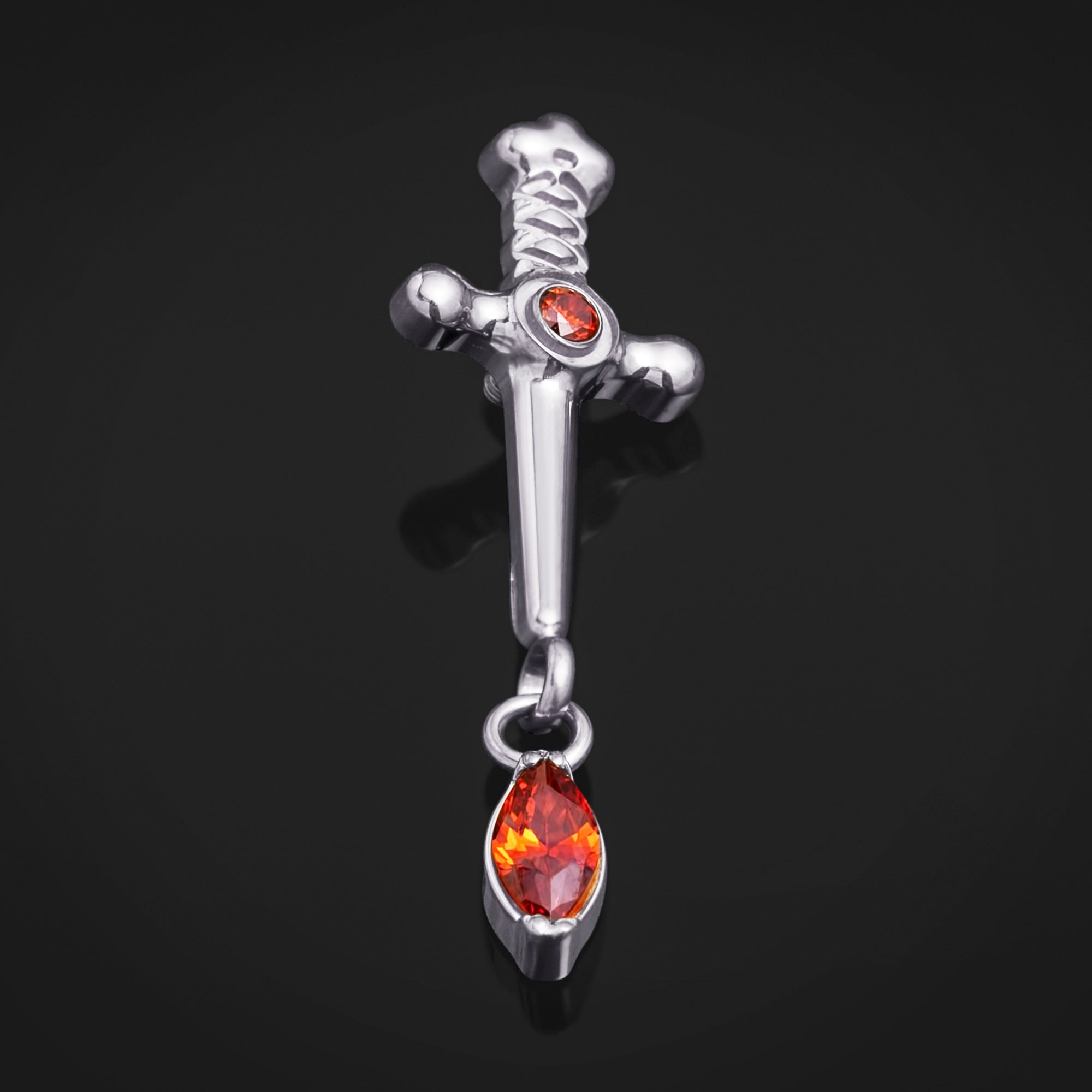 Labret Top, Silver, Sword Dangle with Red Jewel, Internally Threaded, Titanium