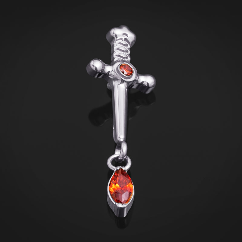Bijou de labret, argent, pendentif épée avec pierre rouge, filetage interne, titane