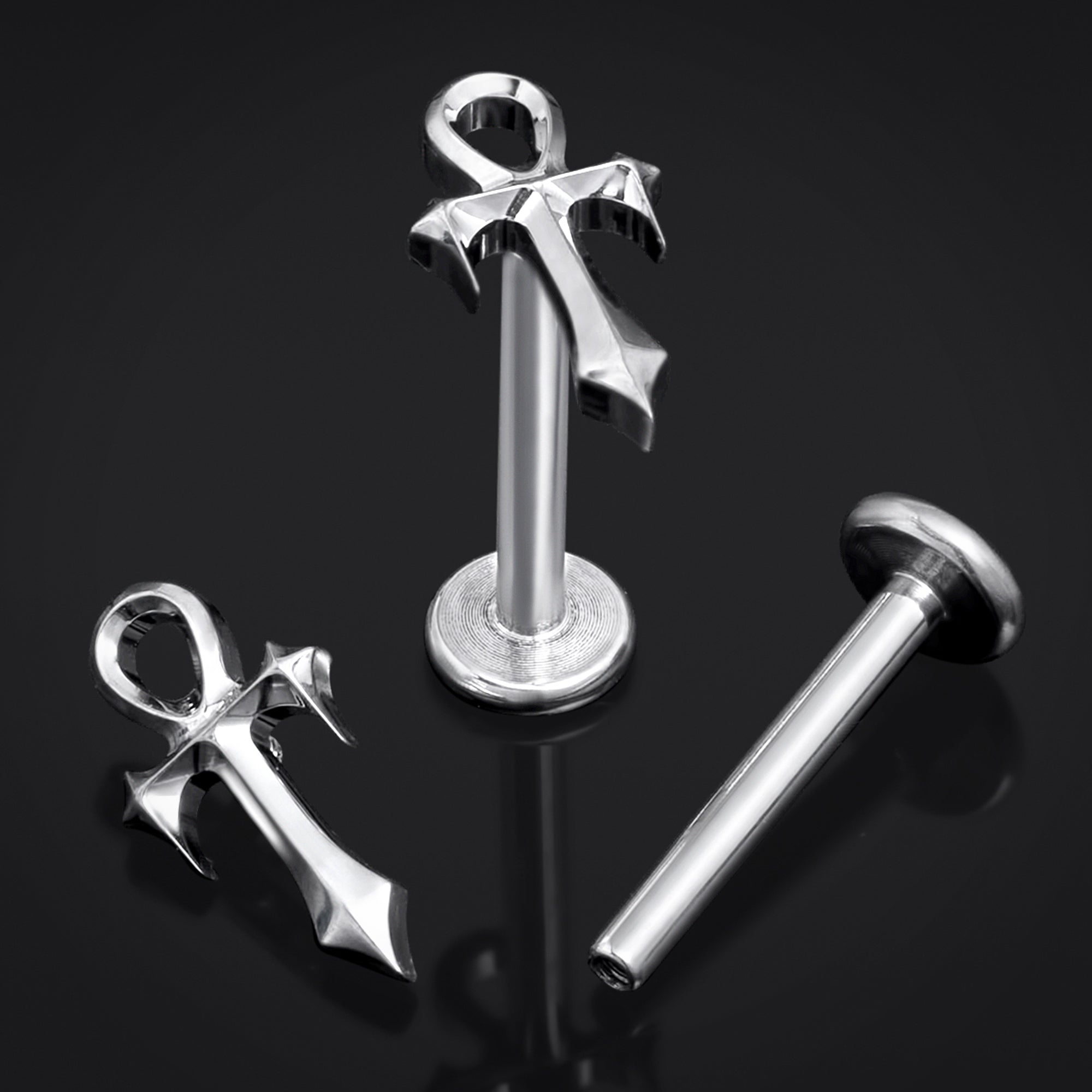 Silver, Spiked Ankh, Internally Threaded, Labret Stud, ASTM F136 Titanium, 1.2mm