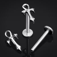 Argent, ankh à pointes, filetage interne, tige labret, titane ASTM F136, 1.2mm